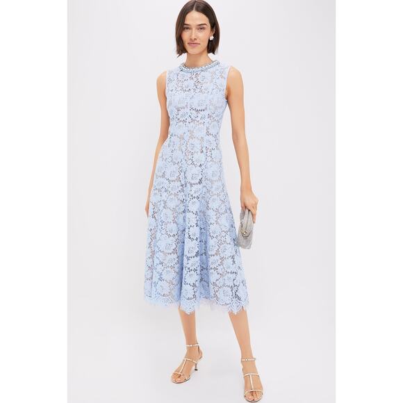 SELF-PORTRAIT Blue Fine Lace Pearl Midi Dress Size 0 NWT Retail $585 - Picture 4 of 5